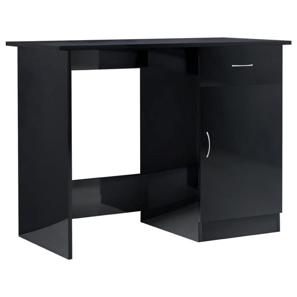 Ami Office Desk, 1 Drawer, 1 Cabinet, Glossy Black Wood, Chrome Handle - BM339653