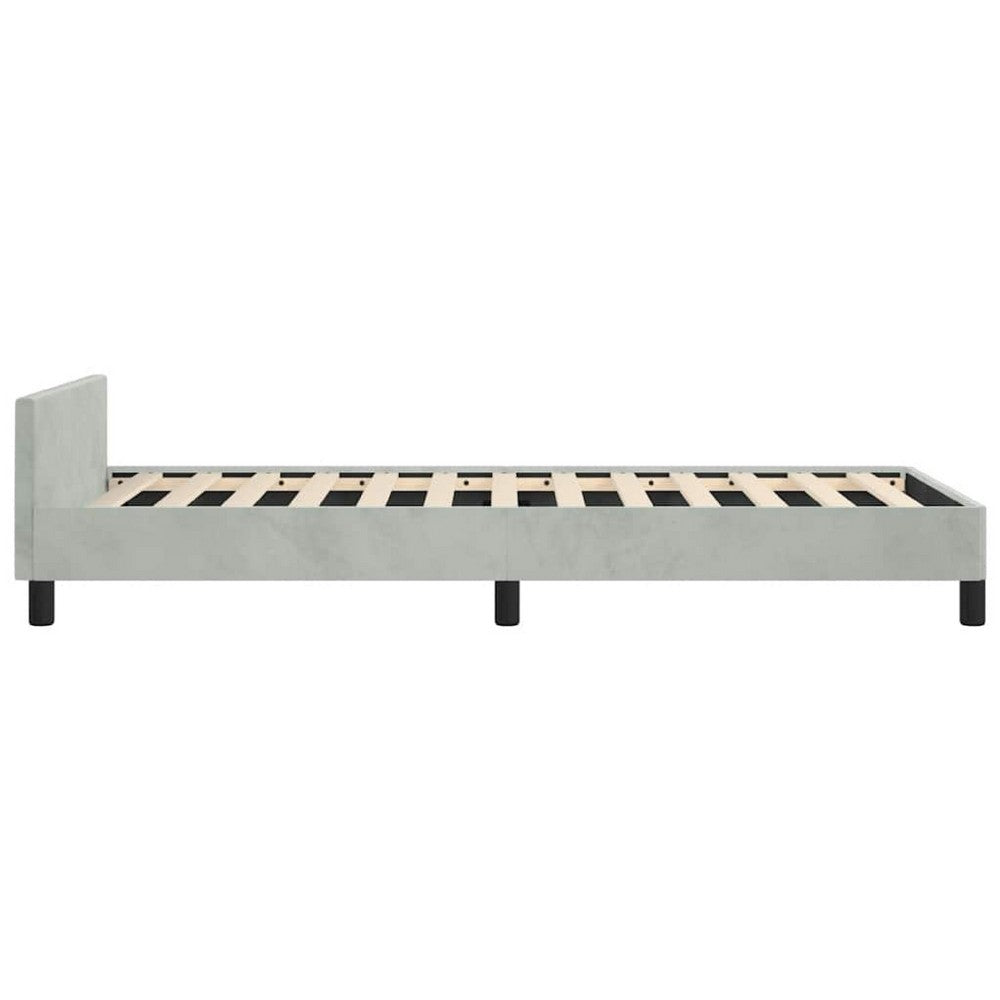 Moa Twin Size Bed Frame, Low Profile Headboard, Light Gray Velvet Upholstery - BM339654