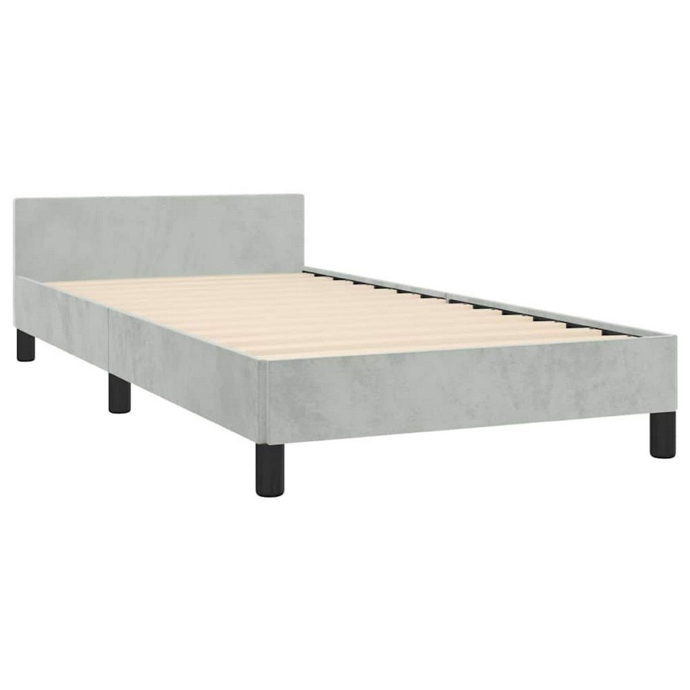 Moa Twin Size Bed Frame, Low Profile Headboard, Light Gray Velvet Upholstery - BM339654