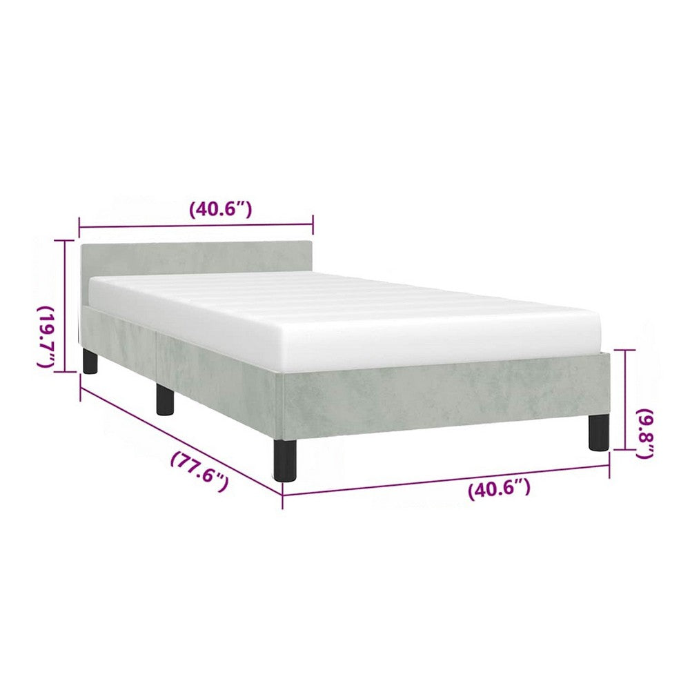 Moa Twin Size Bed Frame, Low Profile Headboard, Light Gray Velvet Upholstery - BM339654