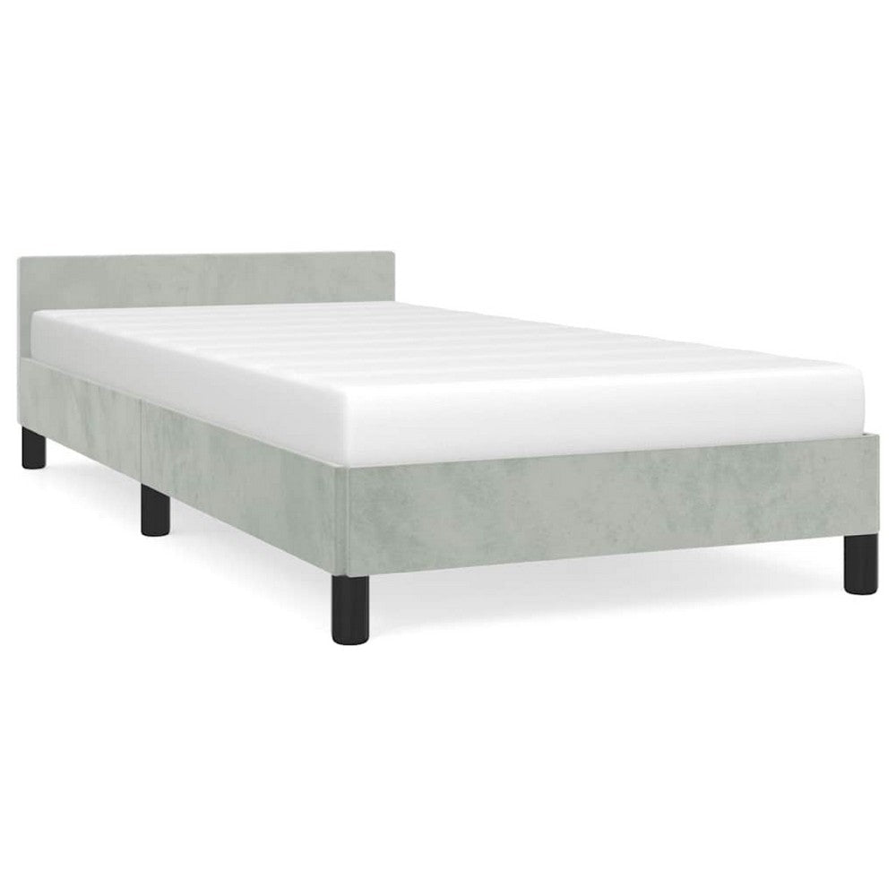 Moa Twin Size Bed Frame, Low Profile Headboard, Light Gray Velvet Upholstery - BM339654