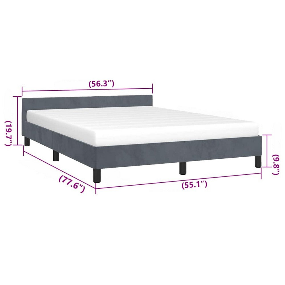 Moa Full Size Bed Frame, Low Profile Headboard, Dark Gray Velvet Upholstery - BM339655