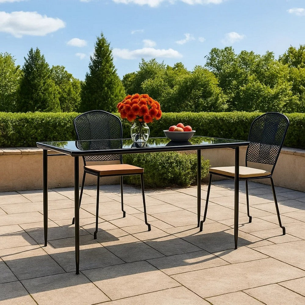 Jen Outdoor Patio Dining Table, 79 Inch Glass Top, Black Steel Frame - BM339656