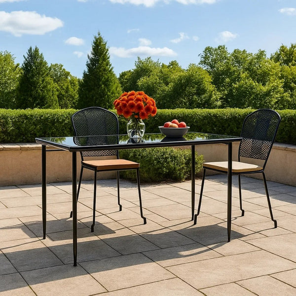 Jen Outdoor Patio Dining Table, 79 Inch Glass Top, Black Steel Frame - BM339656