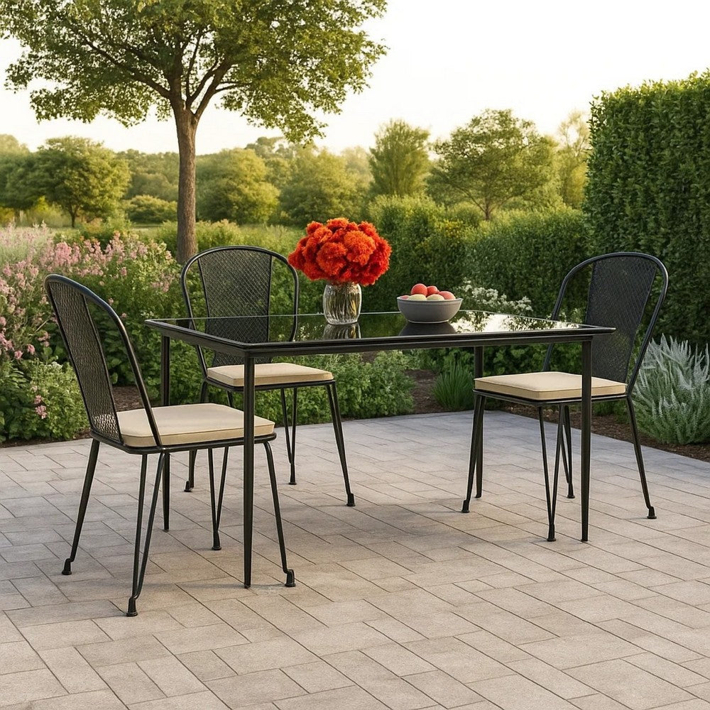 Jen Outdoor Patio Dining Table, 79 Inch Glass Top, Black Steel Frame - BM339656