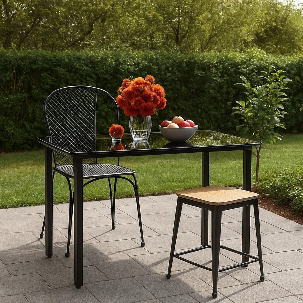 Jen Outdoor Patio Dining Table, Black Steel Frame, 79 Inch Glass Top - BM339657