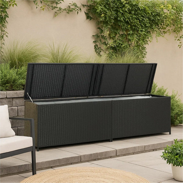 Jer Outdoor Storage Box with Gas Lift, 79 Inch Black Rattan Woven - BM339658