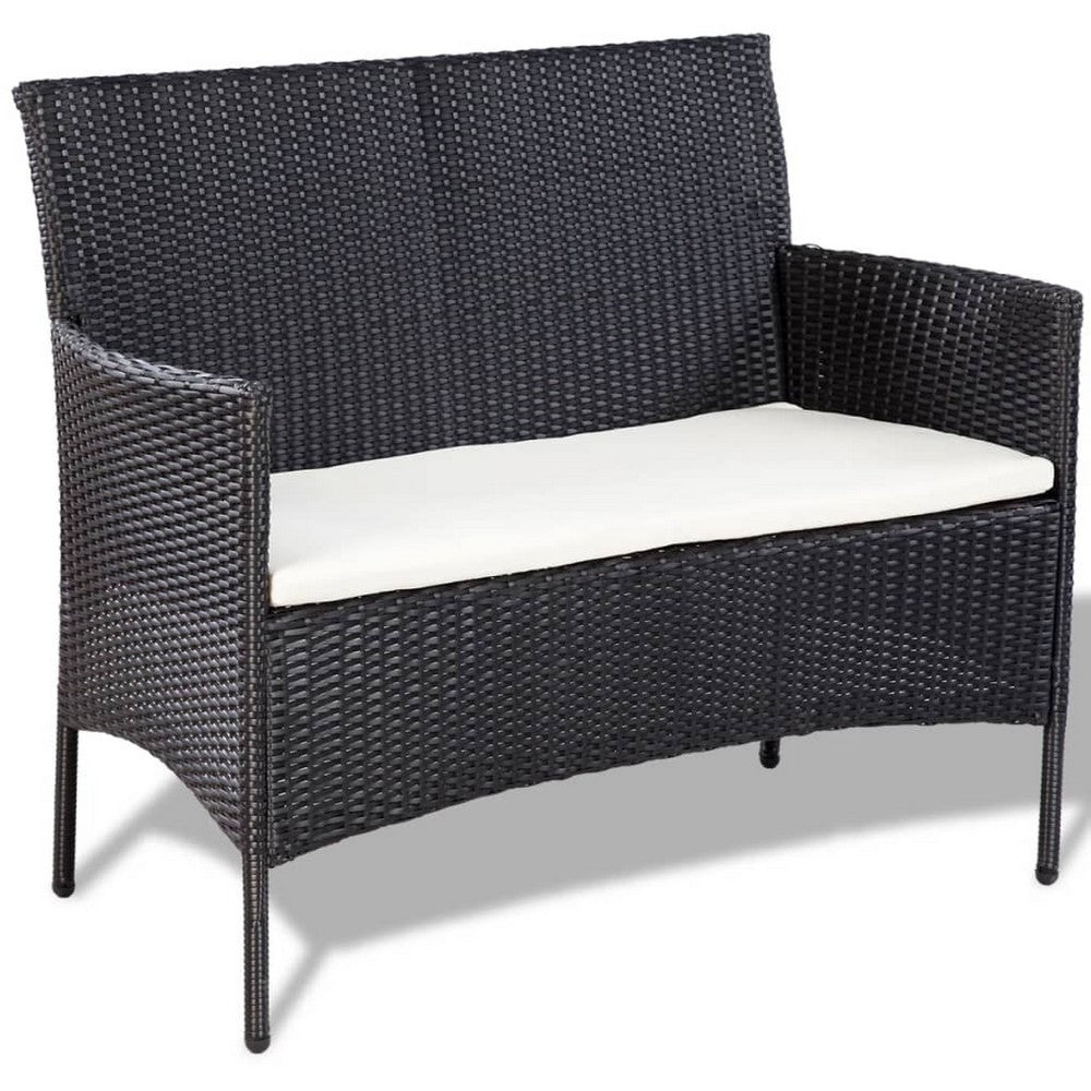 4pc Outdoor Sofa and Table Set in Black Rattan, Glass Top, Cream Cushions - BM339665