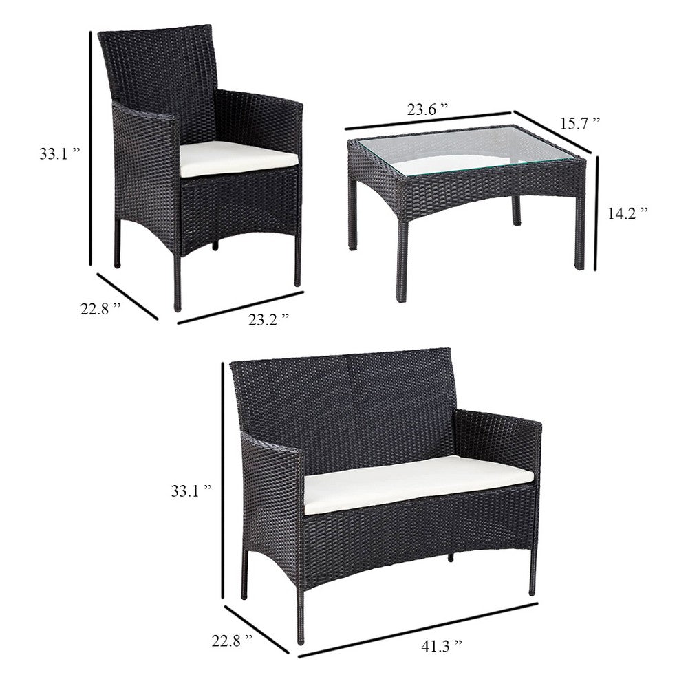 4pc Outdoor Sofa and Table Set in Black Rattan, Glass Top, Cream Cushions - BM339665