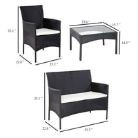 4pc Outdoor Sofa and Table Set in Black Rattan, Glass Top, Cream Cushions - BM339665