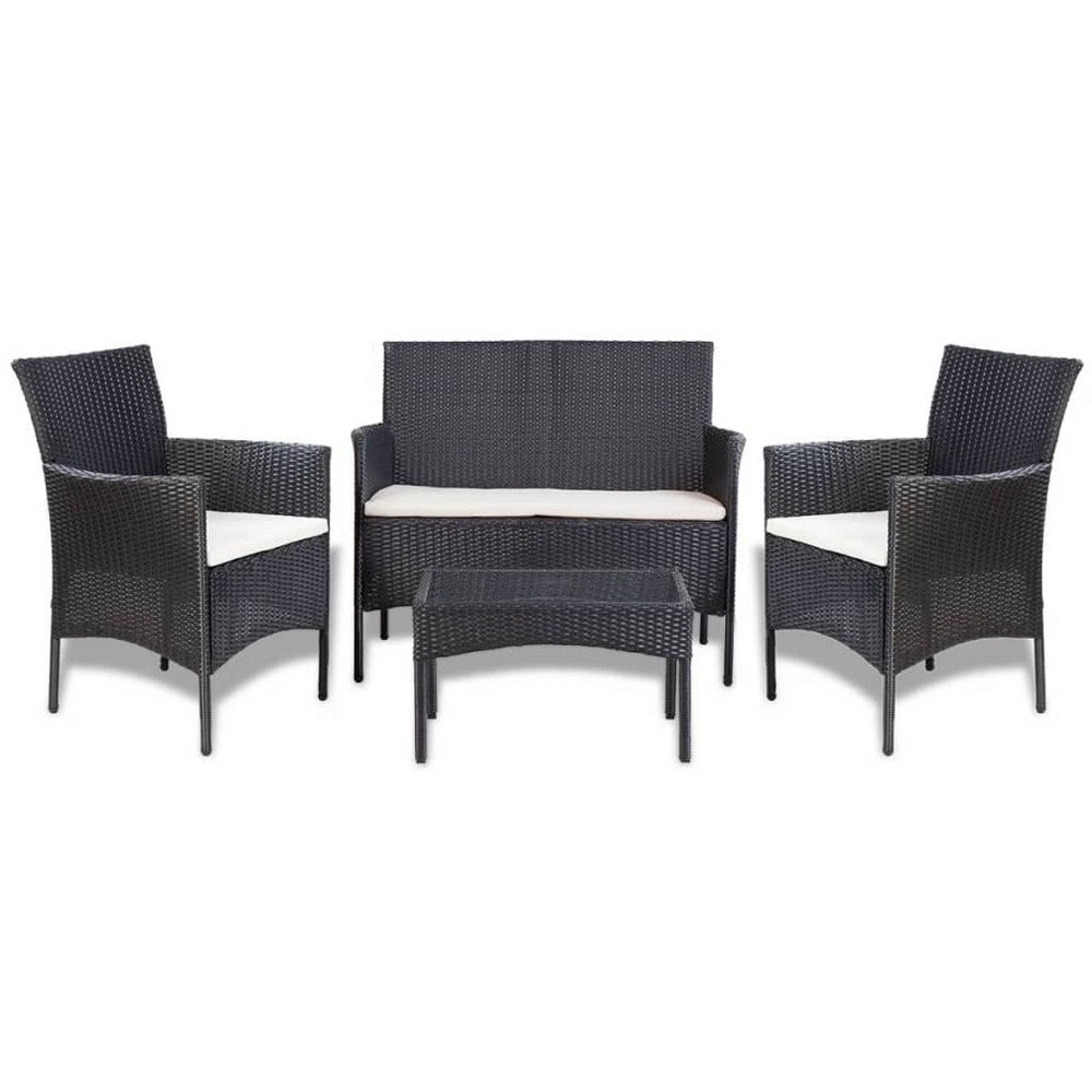 4pc Outdoor Sofa and Table Set in Black Rattan, Glass Top, Cream Cushions - BM339665