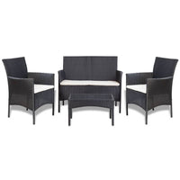 4pc Outdoor Sofa and Table Set in Black Rattan, Glass Top, Cream Cushions - BM339665