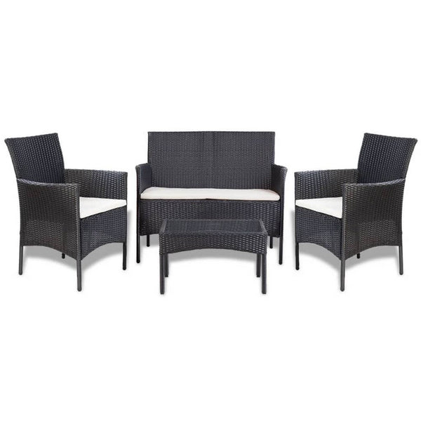 4pc Outdoor Sofa and Table Set in Black Rattan, Glass Top, Cream Cushions - BM339665