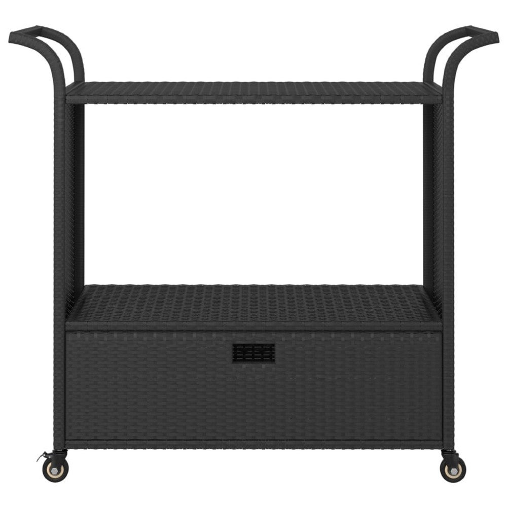 Ven Outdoor Serving Bar Cart, Black Rattan and Steel, Lockable Wheels - BM339668