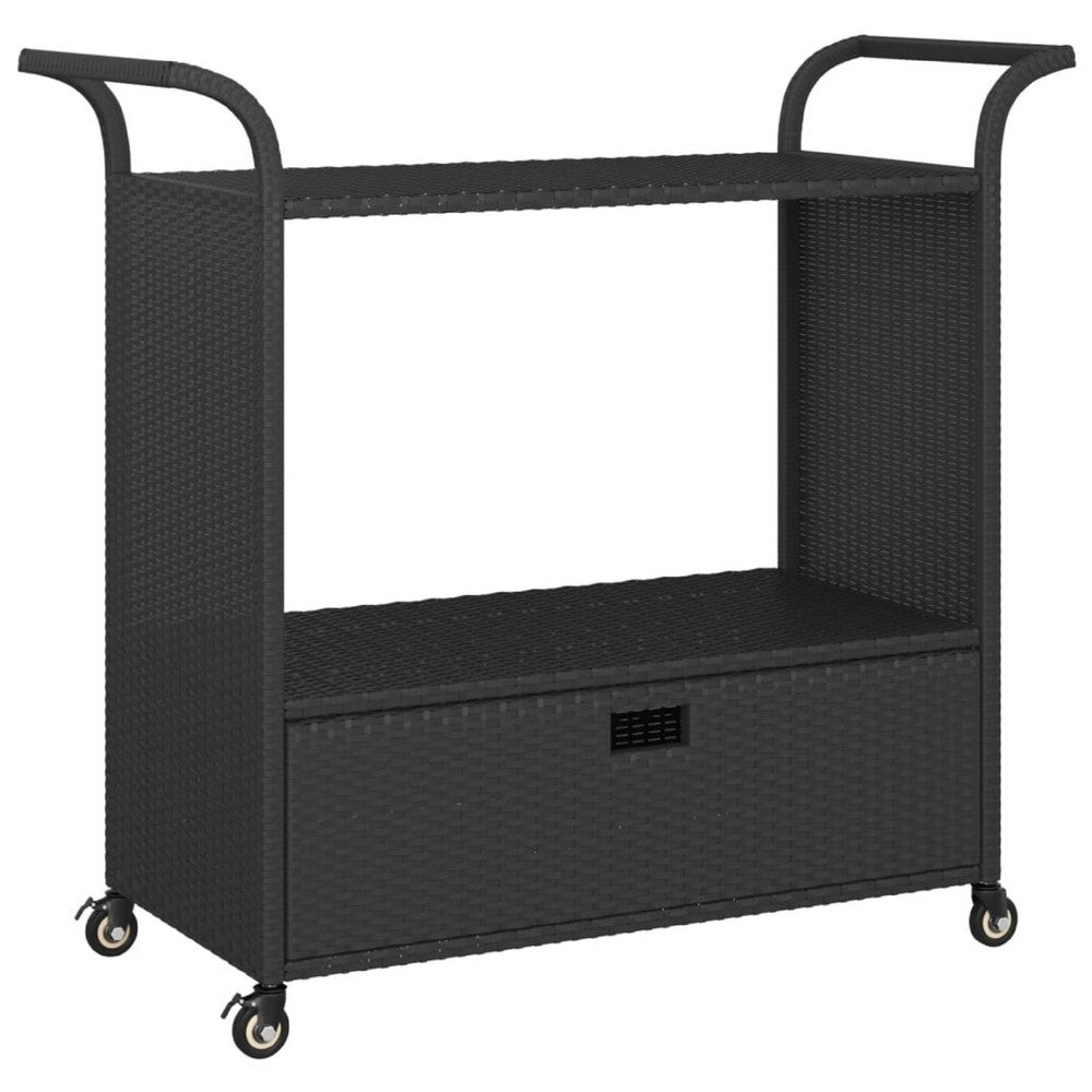 Ven Outdoor Serving Bar Cart, Black Rattan and Steel, Lockable Wheels - BM339668