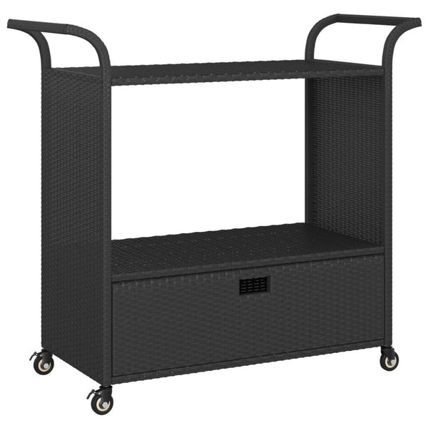 Ven Outdoor Serving Bar Cart, Black Rattan and Steel, Lockable Wheels - BM339668