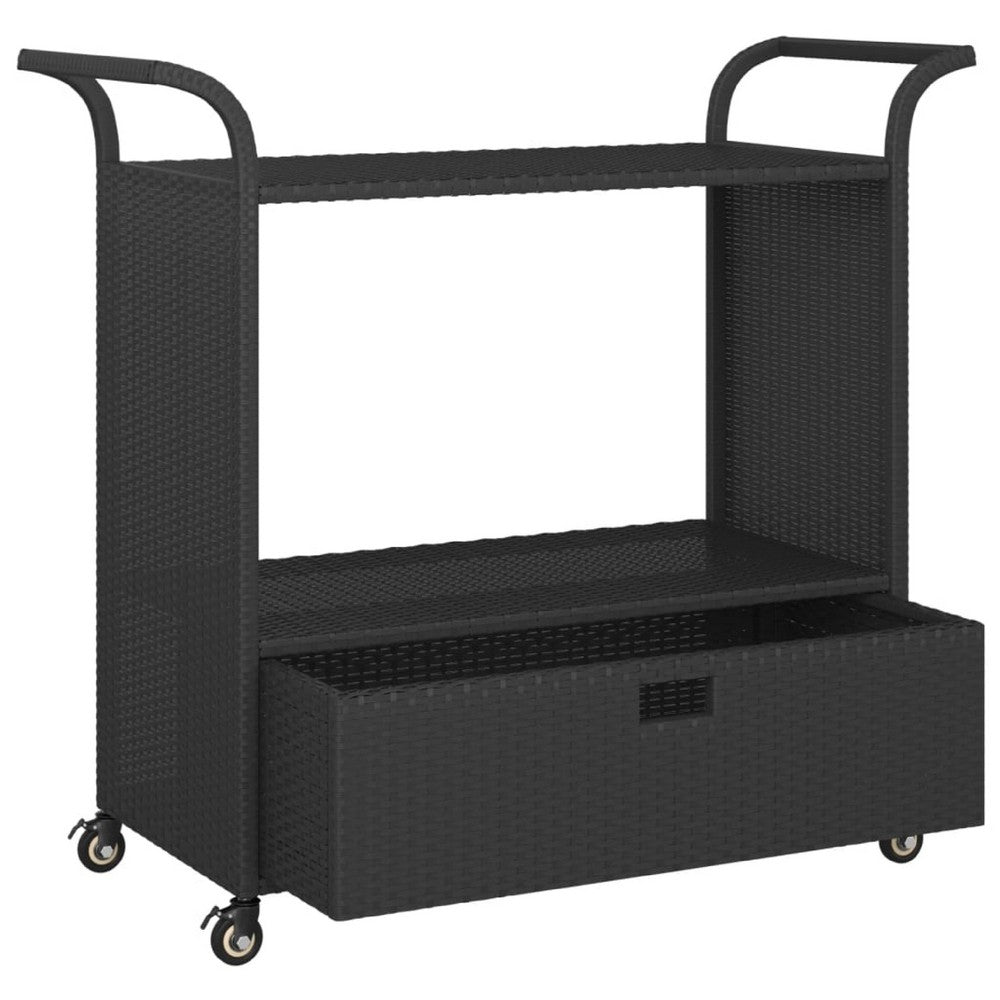 Ven Outdoor Serving Bar Cart, Black Rattan and Steel, Lockable Wheels - BM339668