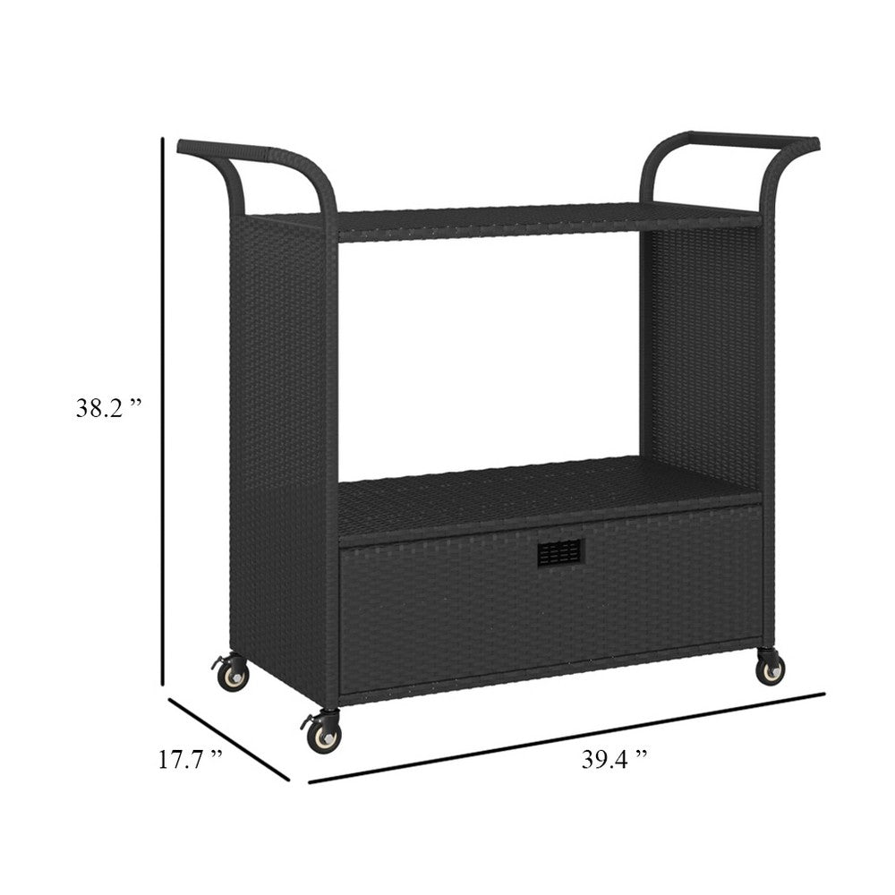 Ven Outdoor Serving Bar Cart, Black Rattan and Steel, Lockable Wheels - BM339668
