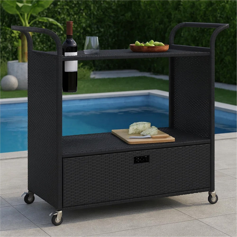 Ven Outdoor Serving Bar Cart, Black Rattan and Steel, Lockable Wheels - BM339668
