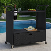 Ven Outdoor Serving Bar Cart, Black Rattan and Steel, Lockable Wheels - BM339668