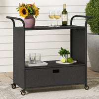 Ven Outdoor Serving Bar Cart, Black Rattan and Steel, Lockable Wheels - BM339668