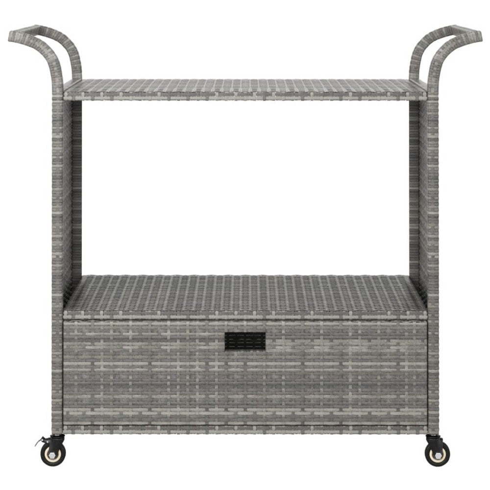 Ven Outdoor Serving Bar Cart, Gray Rattan and Steel, Lockable Wheels - BM339669