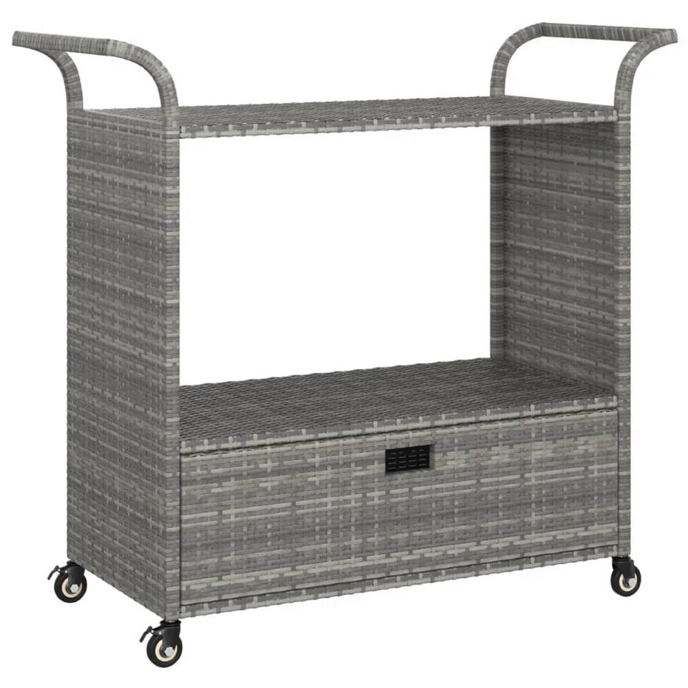 Ven Outdoor Serving Bar Cart, Gray Rattan and Steel, Lockable Wheels - BM339669