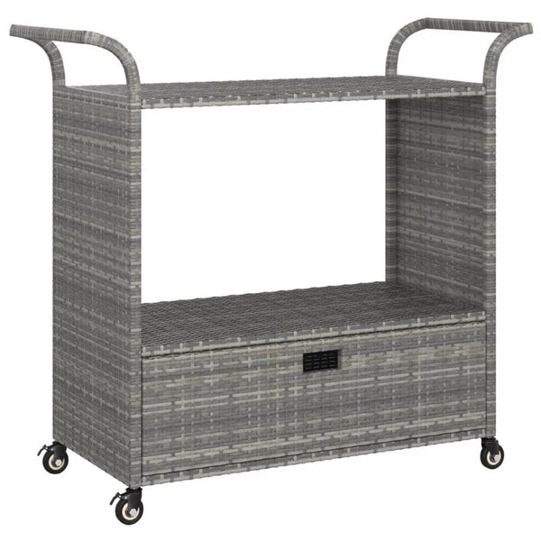 Ven Outdoor Serving Bar Cart, Gray Rattan and Steel, Lockable Wheels - BM339669