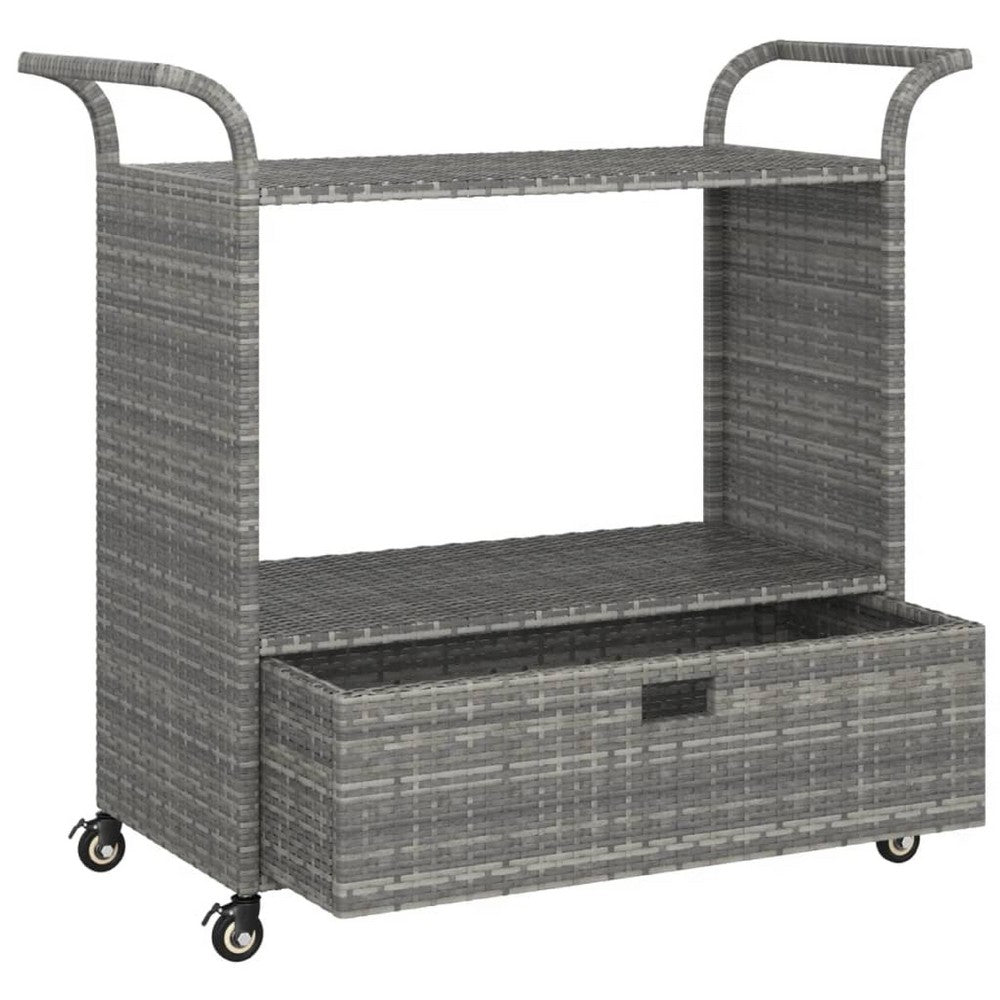 Ven Outdoor Serving Bar Cart, Gray Rattan and Steel, Lockable Wheels - BM339669