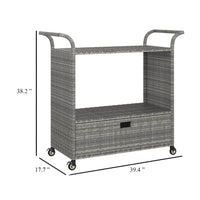 Ven Outdoor Serving Bar Cart, Gray Rattan and Steel, Lockable Wheels - BM339669