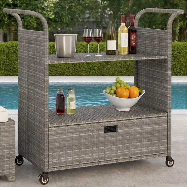 Ven Outdoor Serving Bar Cart, Gray Rattan and Steel, Lockable Wheels - BM339669