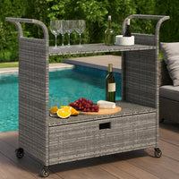 Ven Outdoor Serving Bar Cart, Gray Rattan and Steel, Lockable Wheels - BM339669