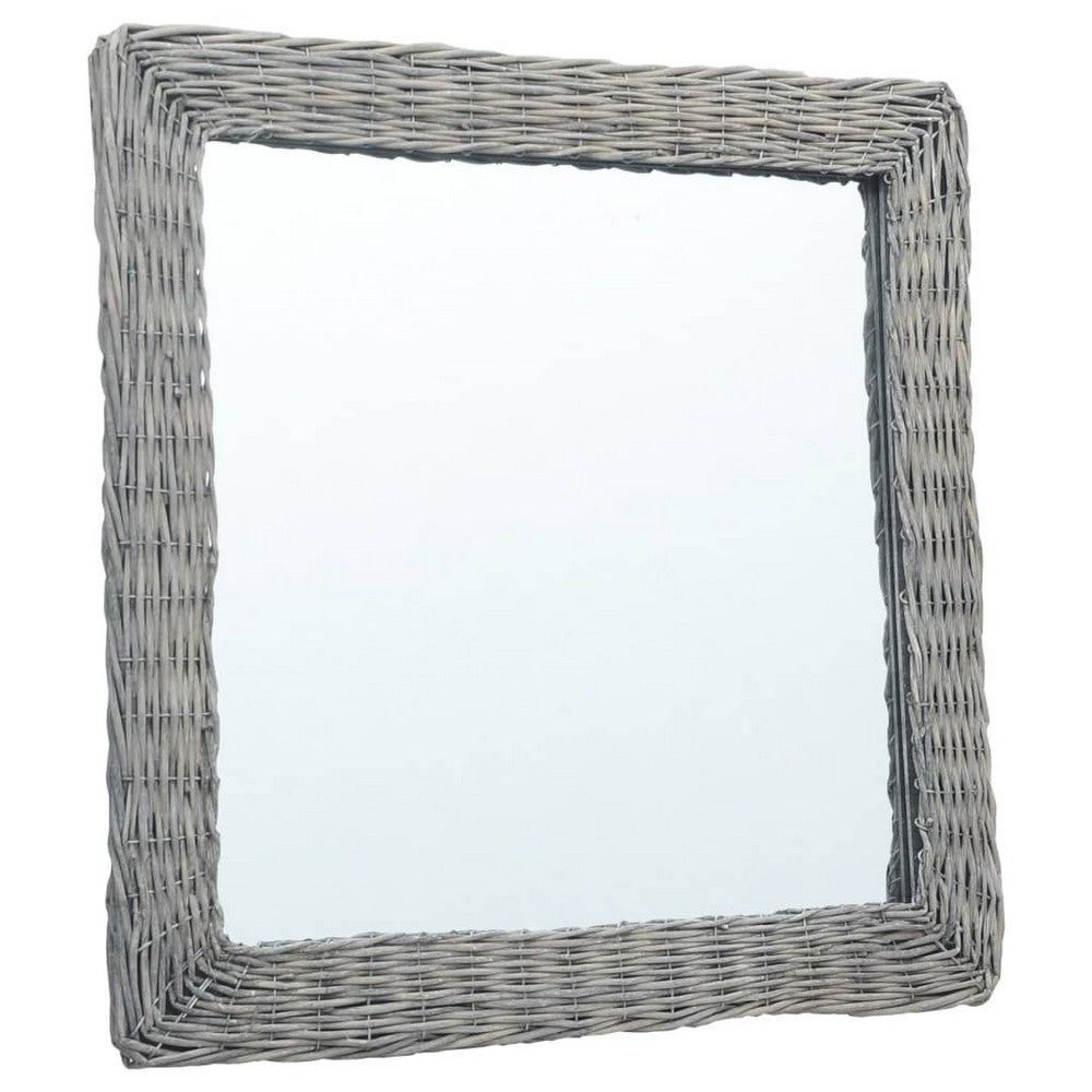 Wall Mounted Mirror, 20 Inch Square Wicker Woven Frame in Beige - BM339670