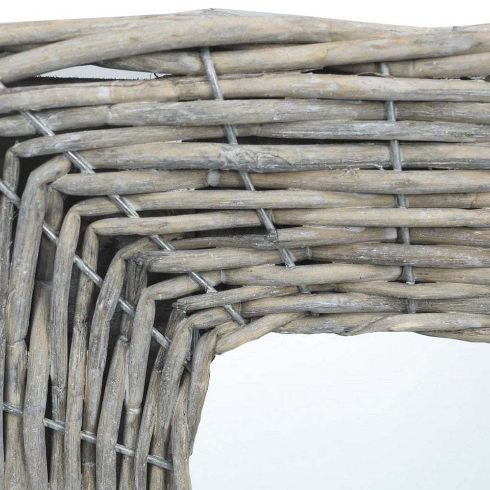 Wall Mounted Mirror, 20 Inch Square Wicker Woven Frame in Beige - BM339670