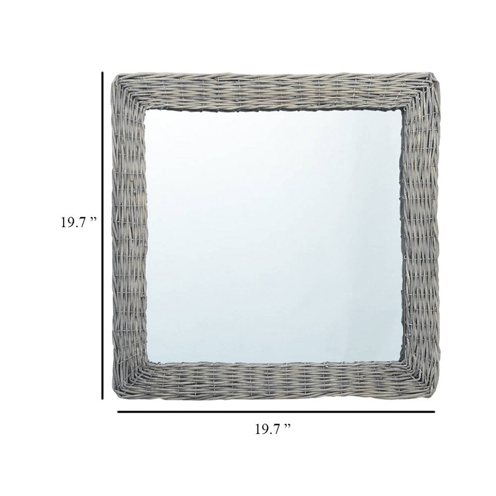 Wall Mounted Mirror, 20 Inch Square Wicker Woven Frame in Beige - BM339670