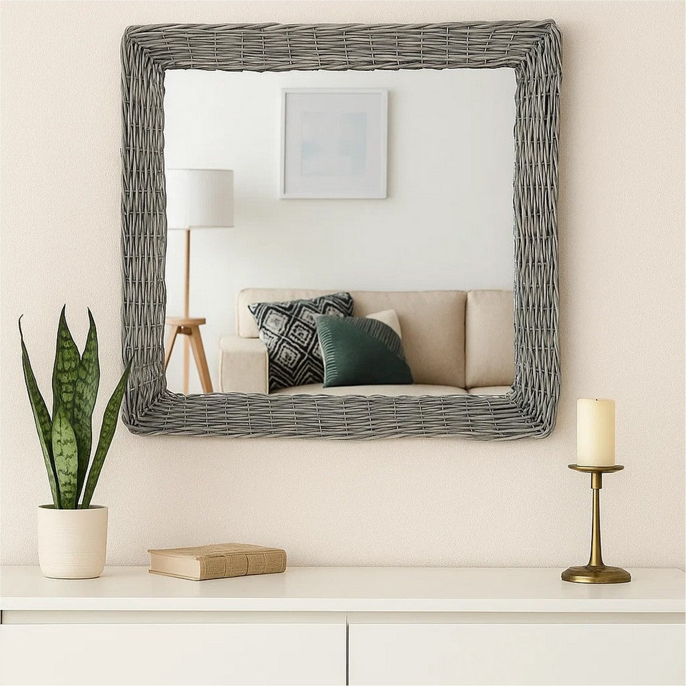 Wall Mounted Mirror, 20 Inch Square Wicker Woven Frame in Beige - BM339670