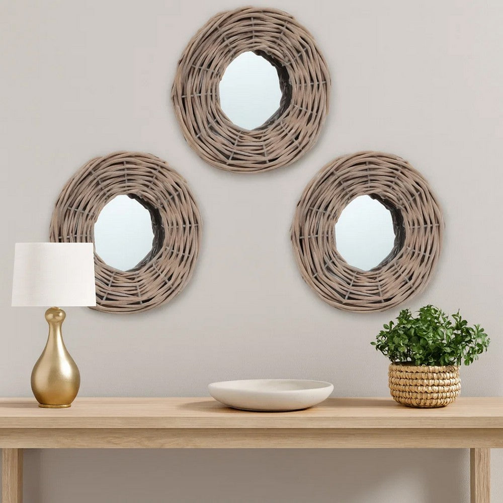 3pc Decorative Wall Mounted Mirror Set, Rattan Wicker Woven Frame in Beige - BM339671