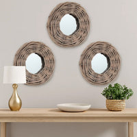 3pc Decorative Wall Mounted Mirror Set, Rattan Wicker Woven Frame in Beige - BM339671