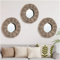 3pc Decorative Wall Mounted Mirror Set, Rattan Wicker Woven Frame in Beige - BM339671