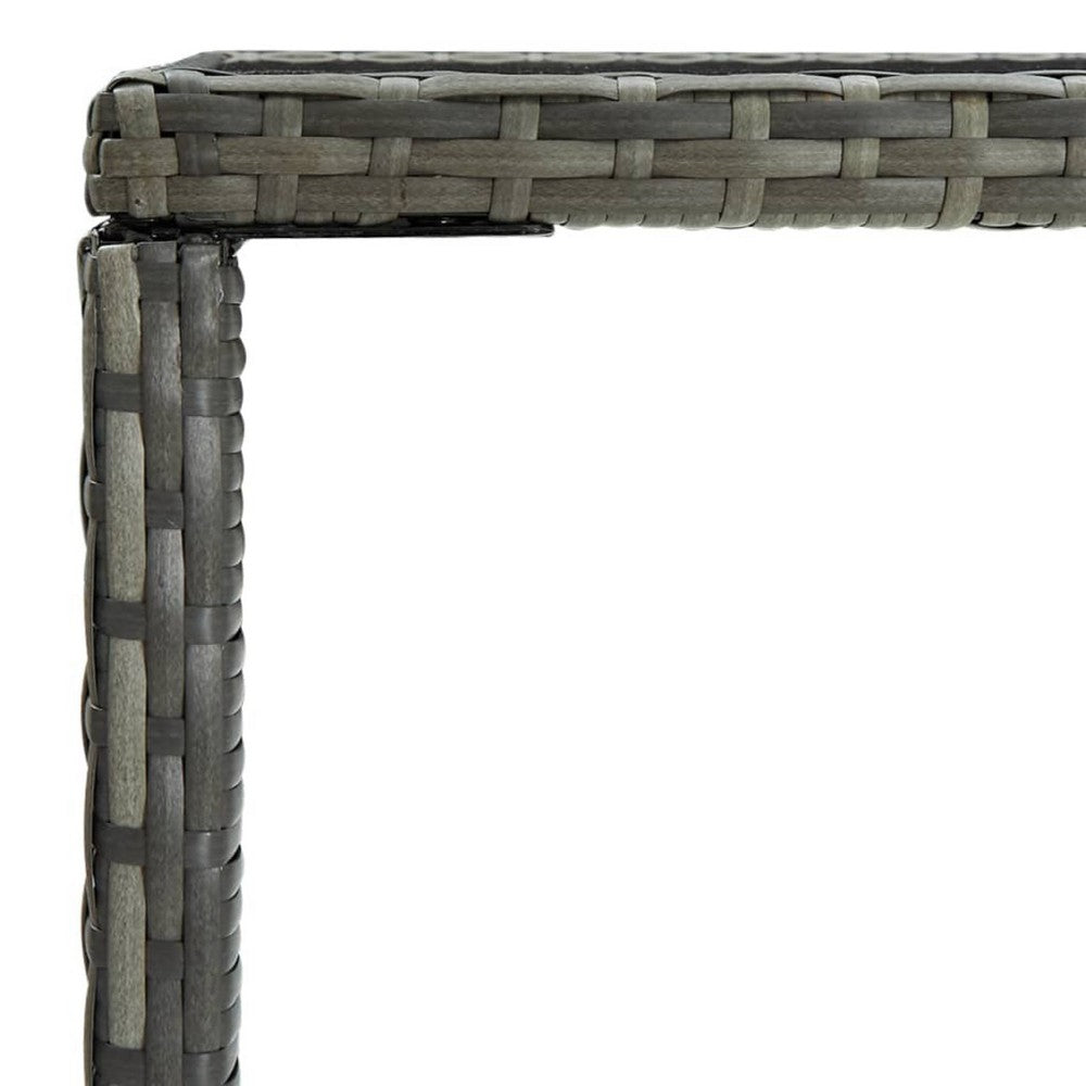 Bary Bar Table, 28 Inch Square Tempered Glass Top, Gray Faux Rattan - BM339675