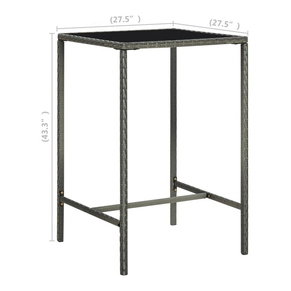 Bary Bar Table, 28 Inch Square Tempered Glass Top, Gray Faux Rattan - BM339675