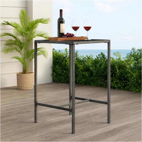 Bary Bar Table, 28 Inch Square Tempered Glass Top, Gray Faux Rattan - BM339675