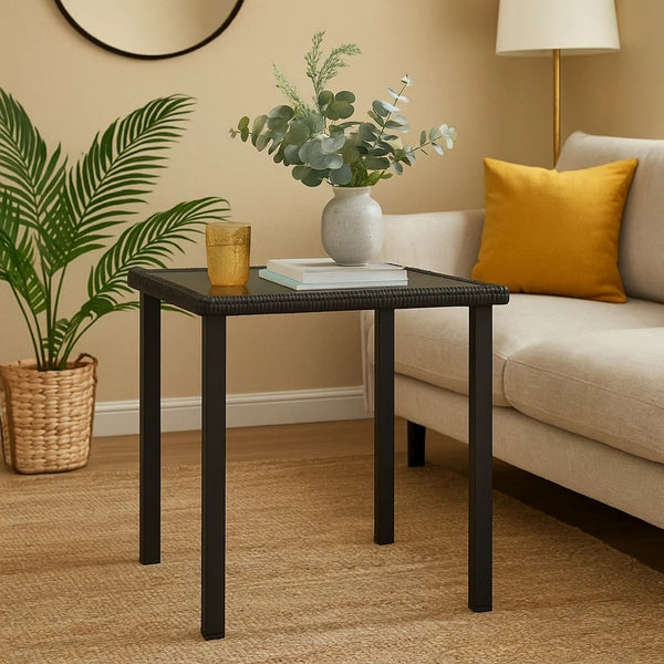 Gary Garden Dining Table, 28 Inch Square Glass Top, Black Rattan - BM339677