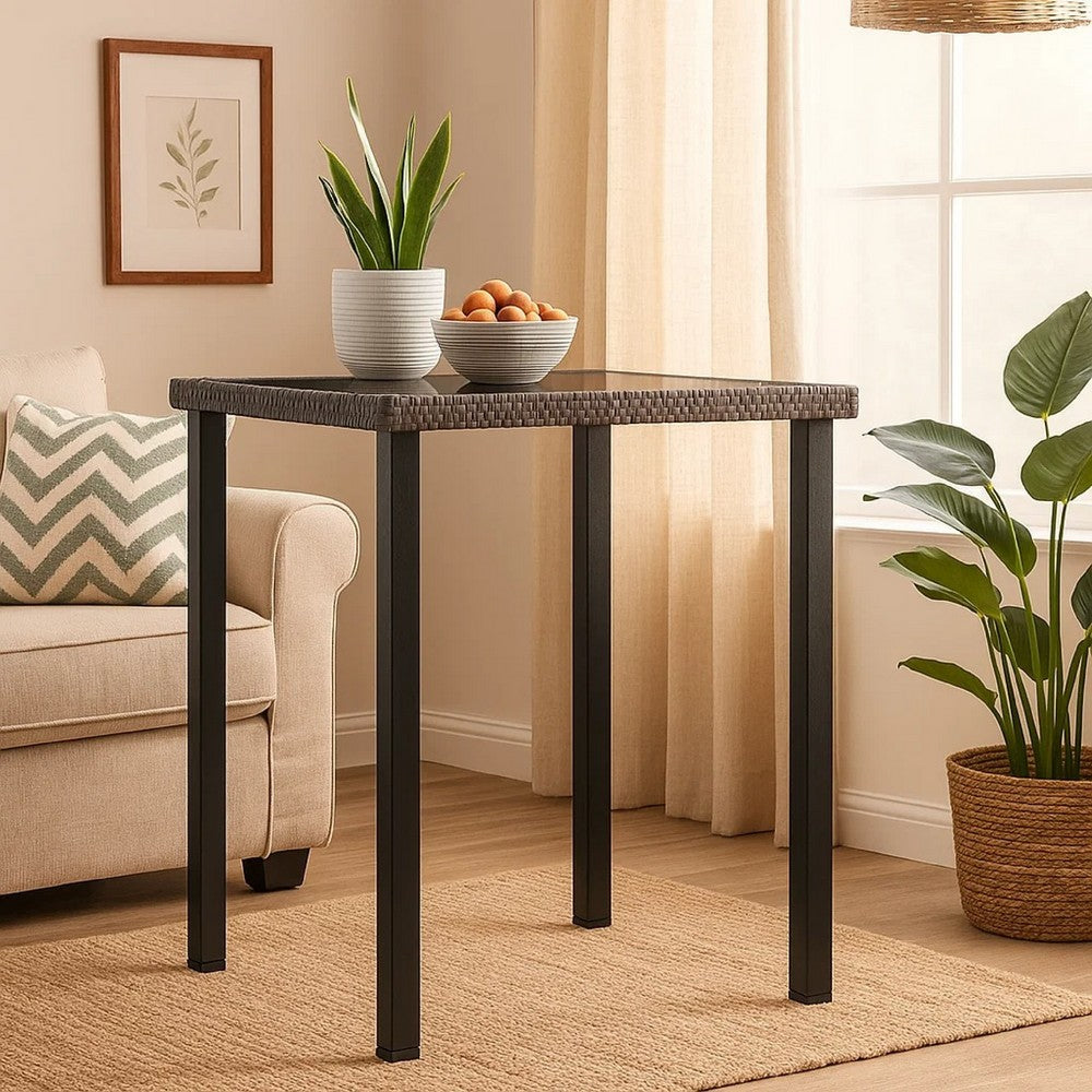 Gary Garden Dining Table, 28 Inch Square Glass Top, Gray Rattan - BM339678