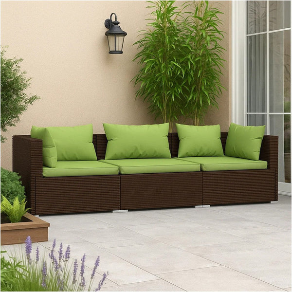 Sify Outdoor 3 Seater Sofa, 5 Pillows, Green Fabric Cushions, Brown - BM339680