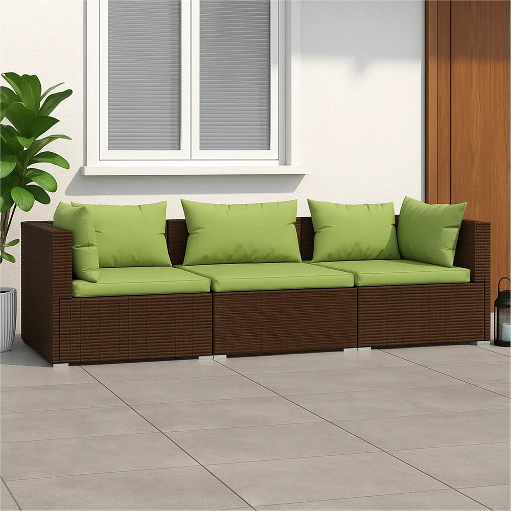 Sify Outdoor 3 Seater Sofa, 5 Pillows, Green Fabric Cushions, Brown - BM339680