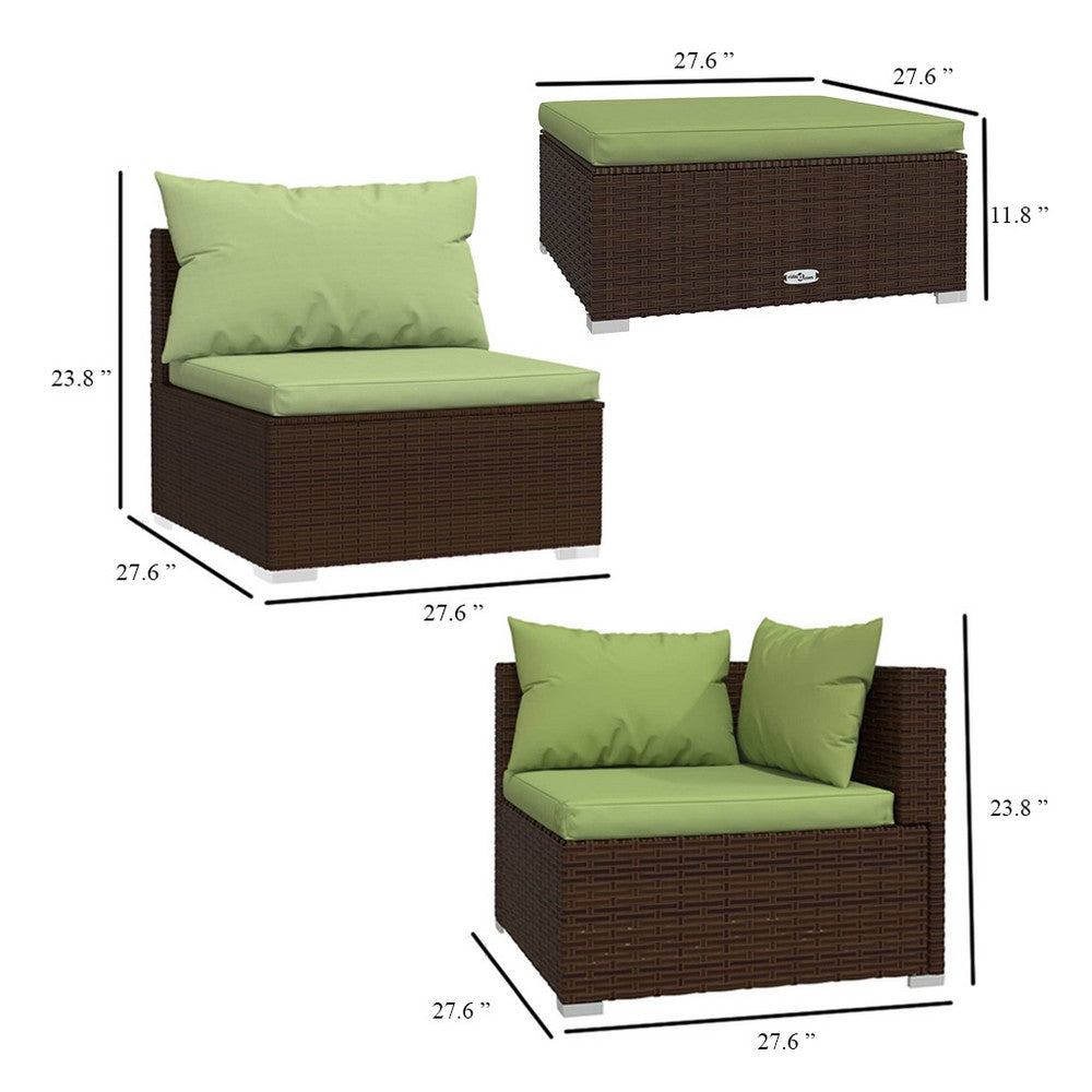 Sify 4pc Outdoor Lounge Sofa Set, 4 Pillows, Green Cushions, Brown Rattan - BM339681