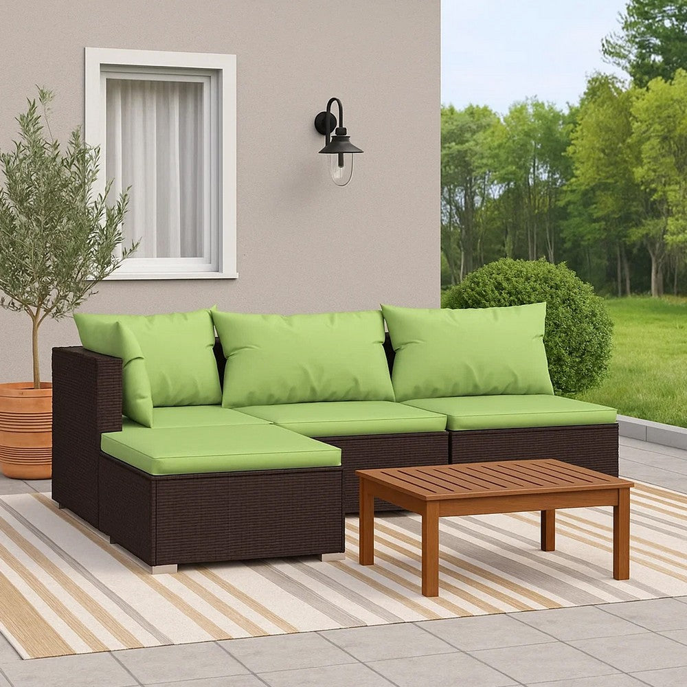 Sify 4pc Outdoor Lounge Sofa Set, 4 Pillows, Green Cushions, Brown Rattan - BM339681