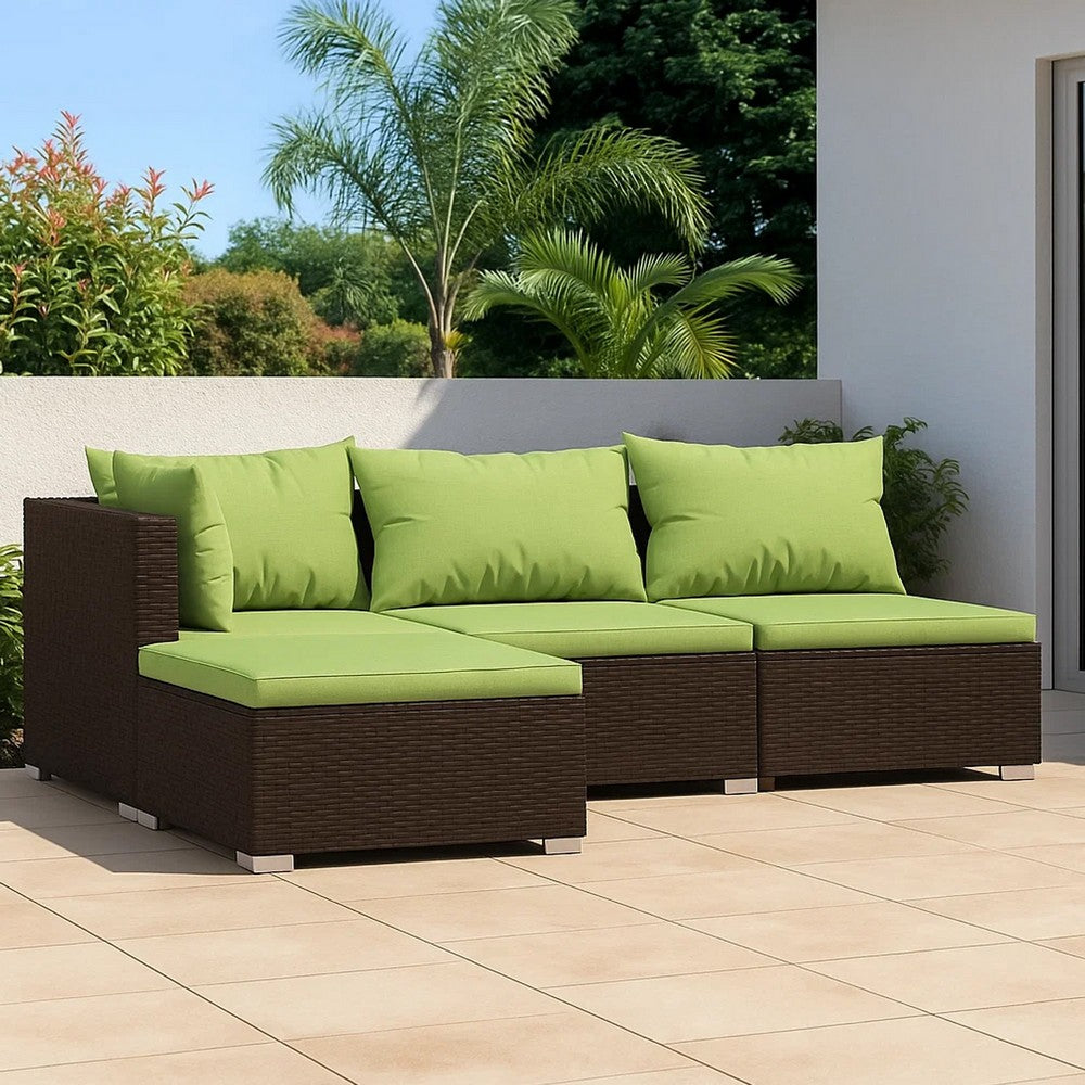 Sify 4pc Outdoor Lounge Sofa Set, 4 Pillows, Green Cushions, Brown Rattan - BM339681