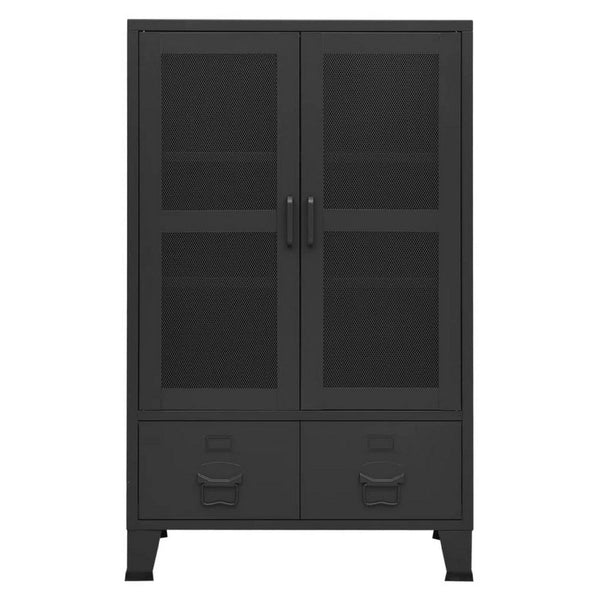 Coy Tall Storage Cabinet, 2 Drawers w 2 Mesh Front Doors, Metal Frame, Black - BM339684